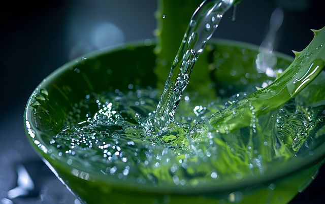 Frisches Osmosewasser wird in eine grüne Schale gegossen, in der sich Pflanzenteile befinden – Nahaufnahme von reinem, kalkfreiem Wasser zur optimalen Bewässerung von Pflanzen und Zimmerpflanzen - gefiltertes Wasser für Pflanzen