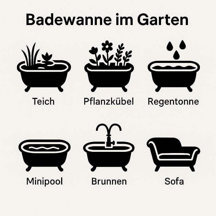Infografik 'Badewanne im Garten': In zwei Reihen je drei Piktogramme mit Beschriftung – Teich, Pflanzkübel, Regentonne, Minipool, Brunnen und Sofa als Nutzungsideen für eine alte Badewanne