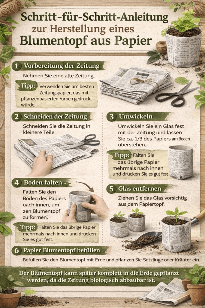 Infografik mit Schritt-für-Schritt-Anleitung zur Herstellung eines Blumentopfes aus Papier