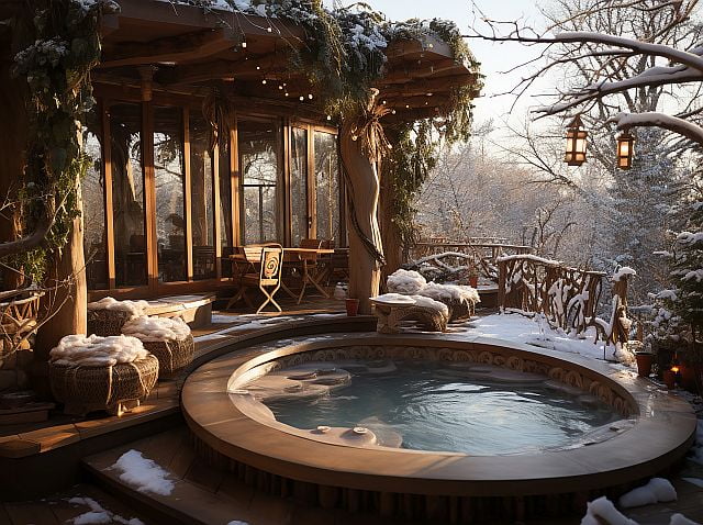 Beheizter Whirlpool im rustikalen Wintergarten aus Holz, verschneite Terrasse mit Lichterdekoration – Outdoor-Jacuzzi im Winter für Wellness und Entspannung