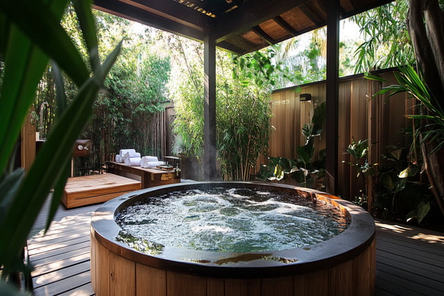 Moderner Whirlpool auf der Terrasse aus Holz, umgeben von Pflanzen – Outdoor-Wellness, Gartenbadewanne mit warmem Wasser und Privatsphäre