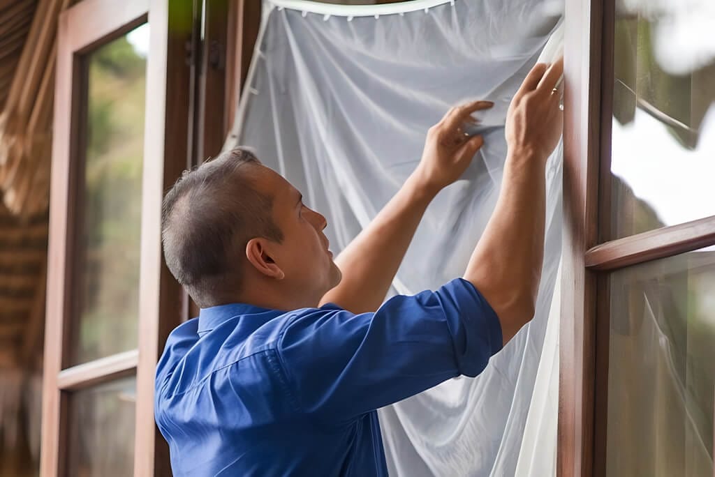 Mann montiert ein transparentes Moskitonetz an einem Holzfenster, um effektiven Schutz vor Mücken und Fliegen zu gewährleisten – praktische Lösung für Fenster und Terrassentüren im Sommer