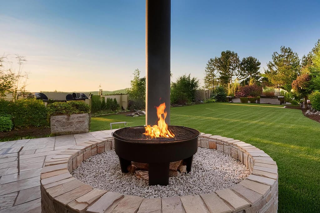 Feuerstelle im Garten mit Feuerschale auf Kiesfläche, umgeben von Gartenmöbeln und kleiner Terrasse neben einem Gewächshaus