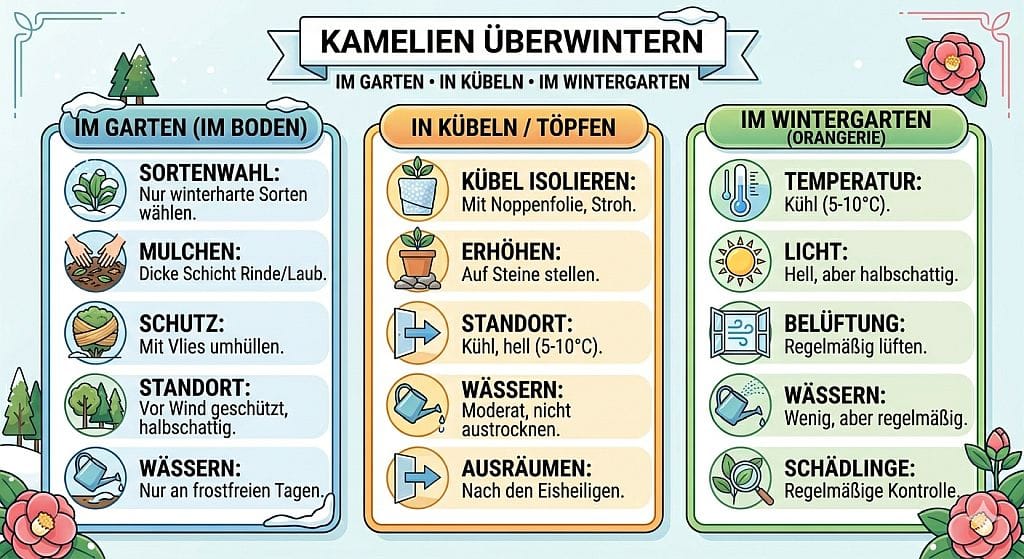 Überwinterung von Kamelien: Pflege im Wintergarten, auf der Rabatte und in Kübeln Infografik