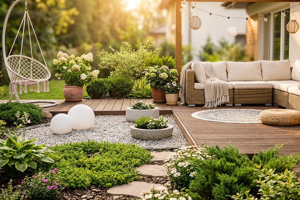 Stimmungsvolle Gartendekoration im Außenbereich, Holzterrasse, Hängesessel, dekorativen Pflanzgefäßen, Kieswegen und sanfter Beleuchtung für Garten und Terrasse