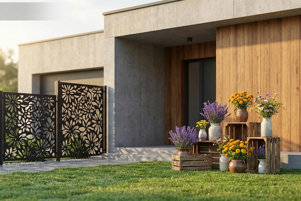 Moderne Gartendekoration im Eingangsbereich mit dekorativen Pflanzgefäßen, Blumenarrangements auf Holzkisten und floralem Metall-Sichtschutz vor zeitgemäßem Haus