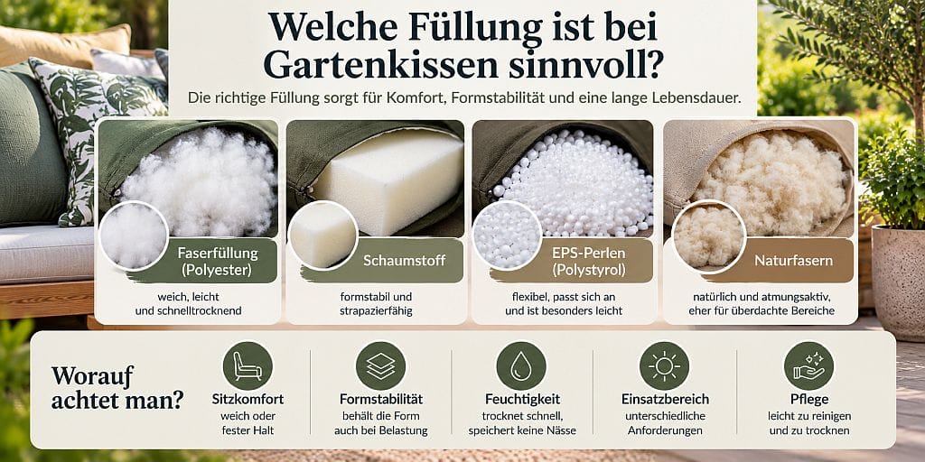 Gartenkissen Füllungen im Vergleich – Polyesterfasern, Schaumstoff, Kaltschaumflocken und Hohlfasern für mehr Komfort im Garten