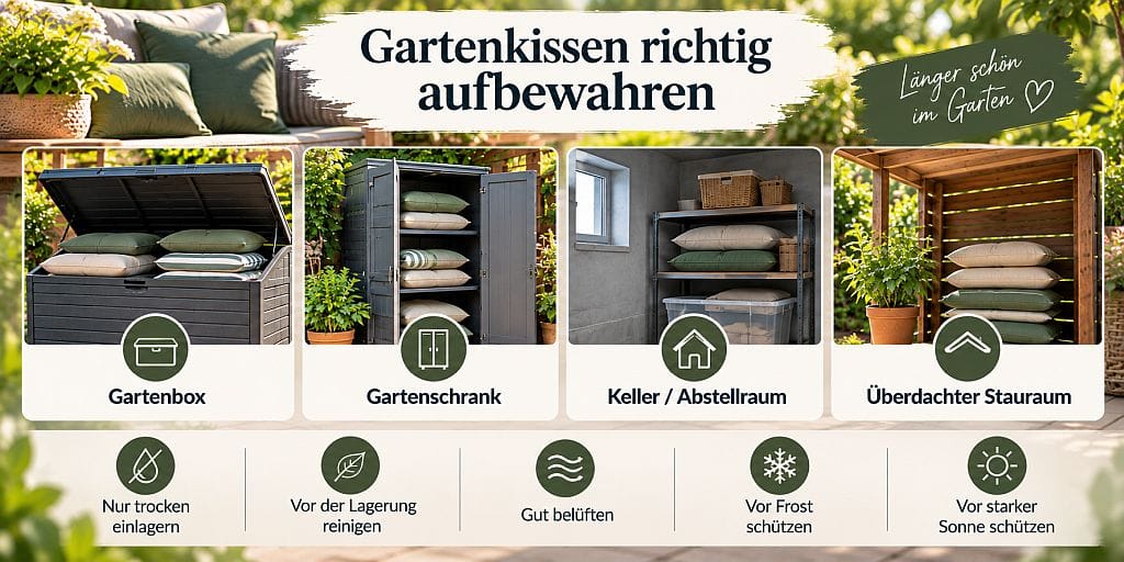 Gartenkissen richtig aufbewahren – Gartenbox, Gartenschrank und weitere Möglichkeiten zur trockenen Lagerung von Outdoor-Kissen Infografik
